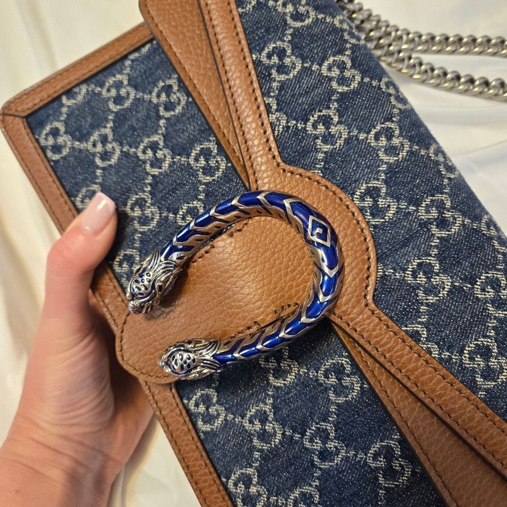 GUCCI Dionysus GG Denim Shoulder Bag Blue Brown Shoulder Chain - Picture 10 of 16